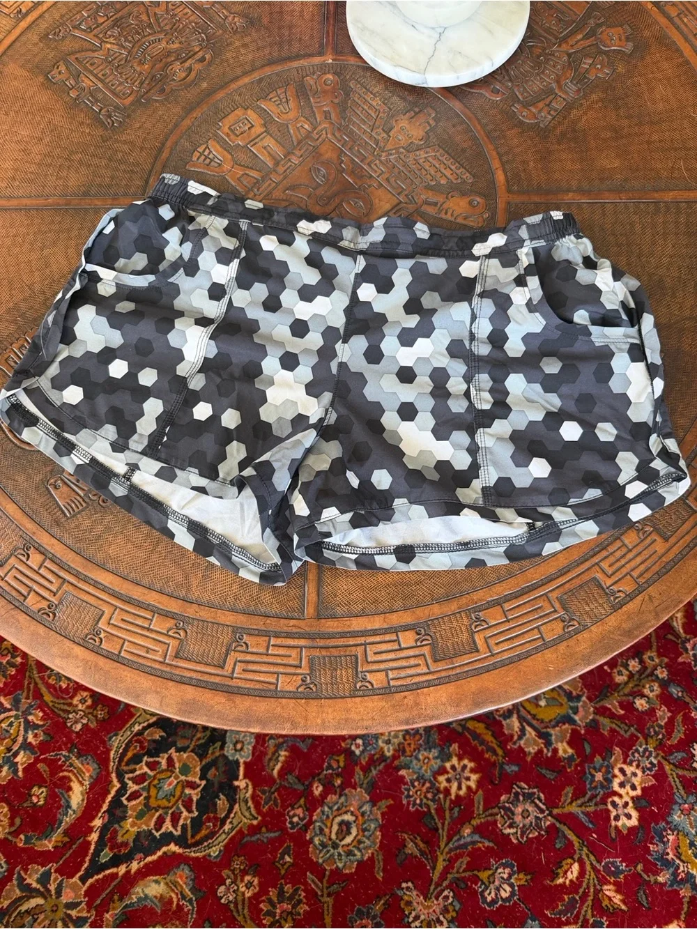 Athleta Black and Gray Hexagon Print Athletic Shorts